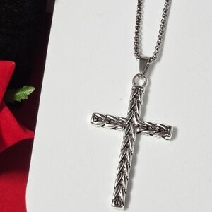 Silver Twisted Rope Cross Pendant Necklace Stainless Steel 23" Box Chain Unisex